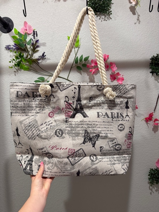 DCW Handbags - Paris Print Rope-Handle Tote Bag - Cream Beige